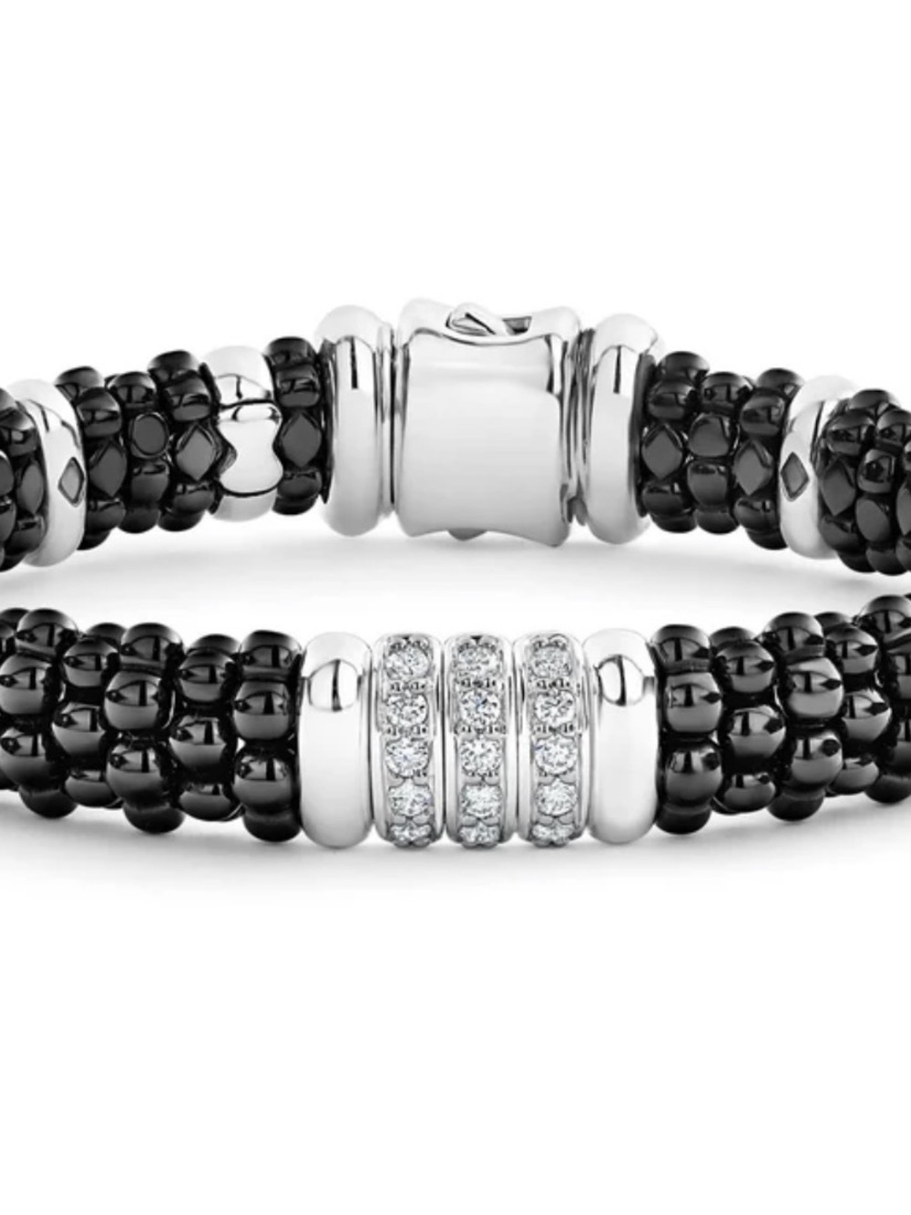 LAGOS Three Station Black Ceramic with Sterling Silver and Diamond Bracelet